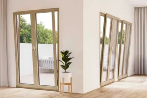 Imatge d’un tancament oscil·lobatent de PVC que permet obrir la finestra en dues posicions: abatible i oscil·lada, per a ventilació i accés.